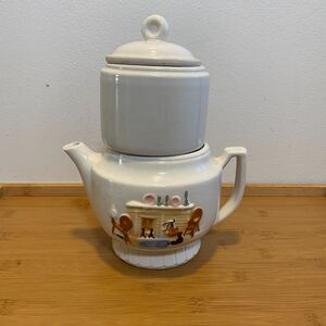 Porcelier USA Vintage Teapot Set w/ Infuser Lid Fireplace Scene Mid-Century